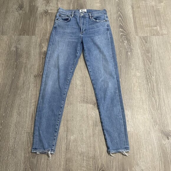 AGOLDE Sophie Crop Mid Rise Jean With Chewed Hem Womens 27 Blue Stretch Denim - Picture 1 of 6